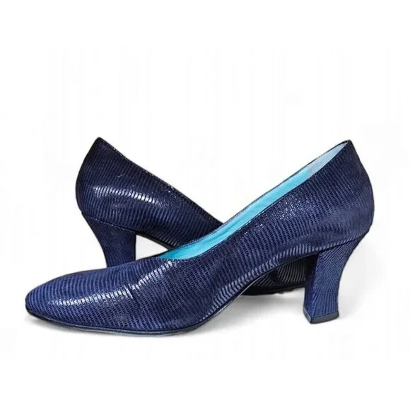 thierry rabotin navy blue ribbed leather pump 3" heel wide EU37 1/2 US7 - Picture 7 of 12